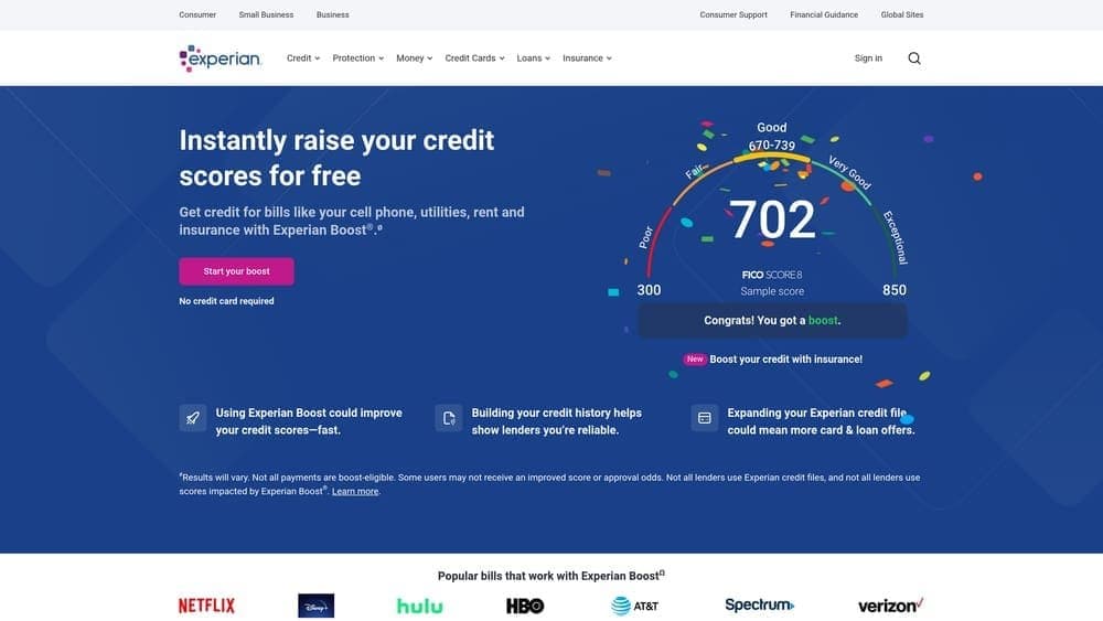 Screenshot of Experian Boost website
